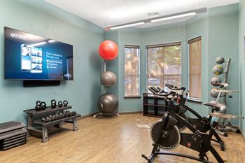 A gym room with a variety of equipment including a stationary bike, dumbbells, and a television screen.